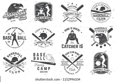 Set of baseball or softball club badge. Vector. Concept for shirt or logo, print, stamp or tee. Vintage typography design with baseball bats, catcher, eagle and ball for baseball silhouette.