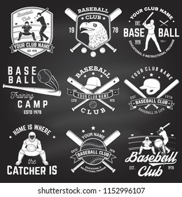 Set of baseball or softball club badge on the chalkboard. Vector. Concept for shirt or logo, print, stamp or tee. Vintage design with baseball bats, catcher, eagle and ball for baseball silhouette.