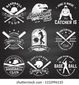 Set of baseball or softball club badge on the chalkboard. Vector. Concept for shirt or logo, print, stamp or tee. Vintage design with baseball bats, catcher, eagle and ball for baseball silhouette.