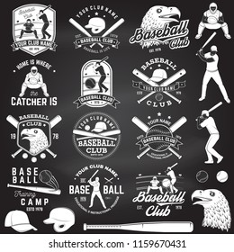 Set of baseball or softball club badge with design element. Vector. Concept for shirt or logo, print, stamp or tee. Vintage design with baseball bats, catcher, eagle and ball for baseball silhouette.