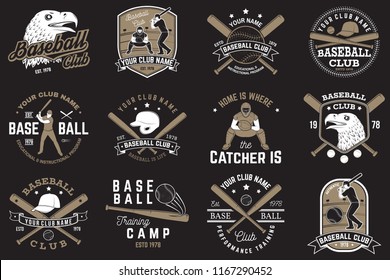 Set of baseball or softball club badge. Vector illustrator. Concept for shirt or logo, print, stamp or tee. Vintage design with baseball bats, catcher, eagle and ball for baseball silhouette.