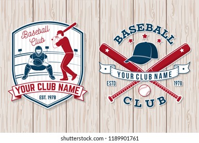 Set of baseball or softball club badge. Vectorю Concept for shirt or logo, print, stamp or tee. Vintage typography design with baseball bats, batter hitting ball and ball for baseball silhouette.