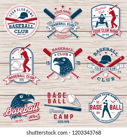 Set of baseball or softball club badge. Vector. Concept for shirt or logo, print, stamp or tee. Vintage typography design with baseball bats, batter hitting ball and ball for baseball silhouette.