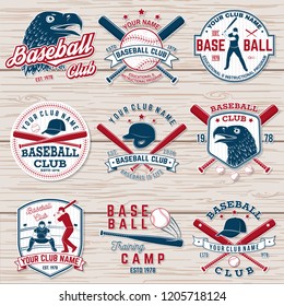 Set of baseball or softball club badge. Vector. Concept for shirt or logo, print, stamp or tee. Vintage typography design with baseball bats, batter hitting ball and ball for baseball silhouette.