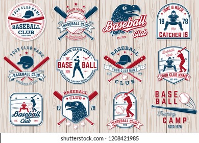 Set of baseball or softball club badge. Vector. Concept for shirt or logo, print, stamp or tee. Vintage typography design with baseball bats, batter hitting ball and ball for baseball silhouette.