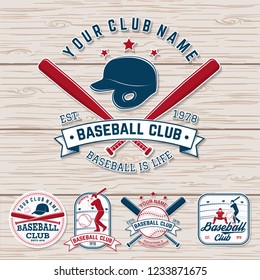Set of baseball or softball club badge. Vector. Concept for shirt or logo,  stamp, patch or tee. Vintage typography design with baseball bats, batter hitting ball and ball for baseball silhouette.