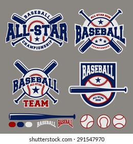 Set of baseball sport badge logo design template and some elements For logos, badge, banner, emblem, label, insignia, T-shirt screen and printing 