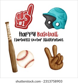 Set Baseball Sports Element Watercolor Vector File ,Clipart cartoon vintage-Retro style For banner, poster, card, t shirt, sticker