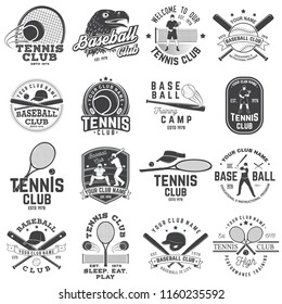 Set of baseball and tennis club badge. Vector illustration. Concept for shirt or logo, print, stamp or tee. Design with baseball bats, catcher, eagle, ball, tennis player and tennis racket silhouette.