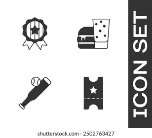 Set Baseball ticket, Medal with star, bat and Burger icon. Vector