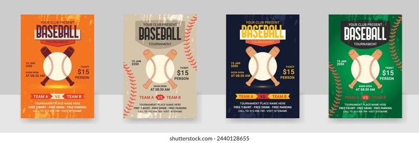 A Set Of baseball tournament flyer template retro design vector, Vintage grunge poster design layout for baseball tournament.