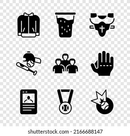 Set Baseball T-shirt, Glass Of Beer, Player Chest Protector, Card, Medal With Baseball, Bat Hat And Team Players Icon. Vector