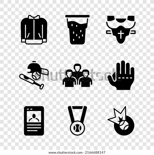 Set Baseball t-shirt, Glass of beer, Player chest\
protector, card, Medal with baseball, bat hat and Team players\
icon. Vector