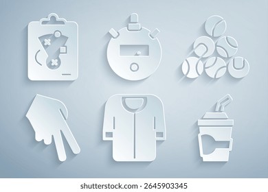 Set Baseball t-shirt, glove, Paper glass with water, Stopwatch and Planning strategy icon. Vector