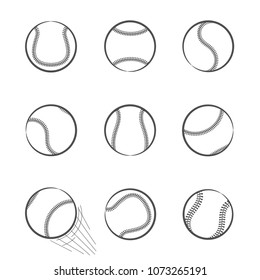 Set of Baseballs, Softball is an illustration of a baseball Outline drawing in nine styles isolated on white background. Sport equipment concept design. Vector illustration.