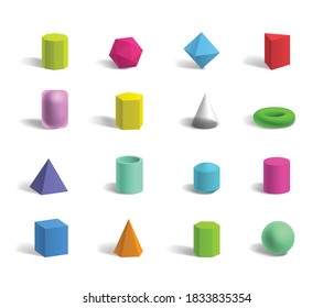 Set of basic 3d geometric shapes colorful sphere, torus, cube, pyramids, hexagon and pentagon isolated with shadows. Solid geometry figures and forms collection. Vector illustration