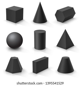 Set of basic 3d shapes. Black geometric solids on a white background. Vector illustration