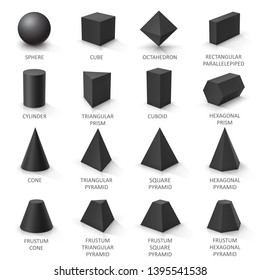 Set of basic 3d shapes. Black geometric solids on a white background. Vector illustration
