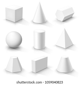 Set of basic 3d shapes. White geometric solids on a white background. Vector illustration