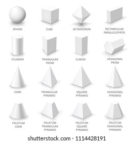 Set of basic 3d shapes. White geometric solids on a white background. Vector illustration