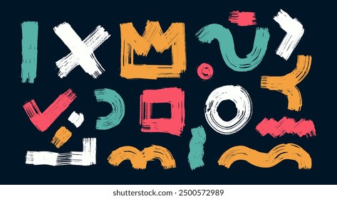 Set of basic abstract shapes, arrows, brush drawn bold squiggles. Vector collage design. Template colored childish doodle grunge elements. Punk girly style, ink, spirals, naive geometric figures.