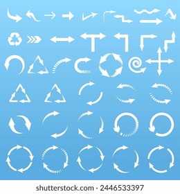 A set of basic arrows for designer work. All kinds of arrows, all main varieties white on blue background