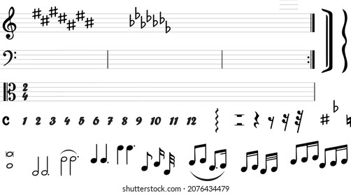 Set of basic black icons of bars notes, rests and isolated musical symbols. Musical design. Images for musical time signature formula. Musical clefs. Melody symbol pattern.