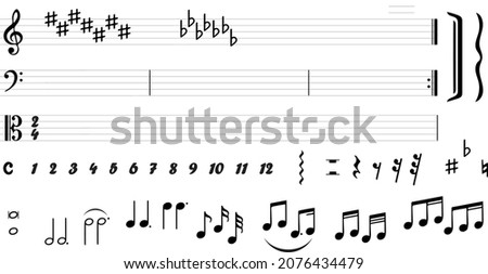 Set of basic black icons of bars notes, rests and isolated musical symbols. Musical design. Images for musical time signature formula. Musical clefs. Melody symbol pattern.