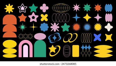 Set of basic brutal forms and figures in Y2K aesthetics for vintage stickers, logos, labels. Decorative vector elements in blue, yellow,pink and red colors.