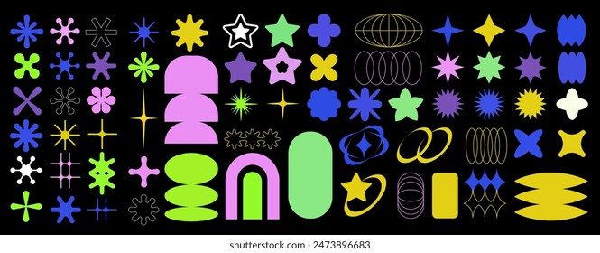 Set of basic brutal forms and figures in Y2K aesthetics for vintage stickers, logos, labels. Decorative vector elements in blue, yellow and violet colors.