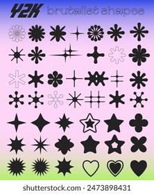 Set of basic brutal star and heart shaped figures in Y2K aesthetics for vintage stickers, logos, labels. Decorative modern vector elements.