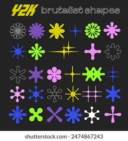 Set of basic brutal star-shaped figures in Y2K aesthetics for vintage stickers, logos, labels. Decorative vector elements in neon green, blue and pink colors.