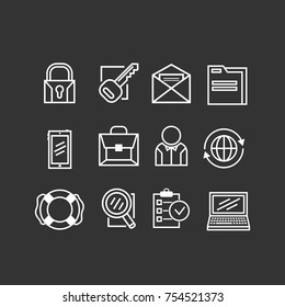 Set of basic business white icons on a black background. Vector illustration, vector icons.