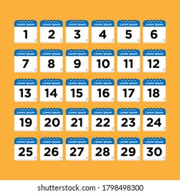 A set of basic calendar 1-30 day icons in vector format.