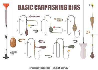 Set of basic carpfishing rigs. Flat rigs on white. Vector illustration