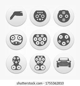 Set of basic connectors for charging electric vehicles. Outline icons