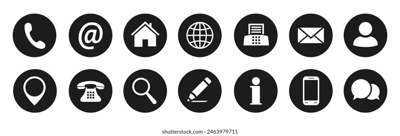 Set basic contact icons, communication button signs, call, mail, address, fax, user profile, phone number, correspondence