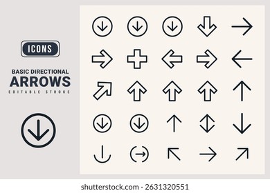 Set of basic directional arrows outline icons.