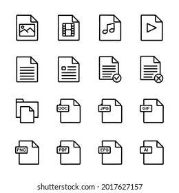 Set of basic file extension icon with visual symbol. Line Art style popular file extension for user interface, software and web development.