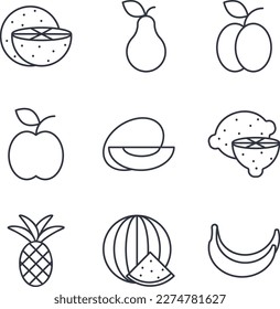 Set of basic fruits line icons. Black contour fruit isolated on white background. Healthy organic food. Web elements food