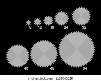 Set of basic gear 8 to 64 teeth. All gears can be assembled perfectly. - Powered by Shutterstock - Get 15% off with code: PIKWIZARD15