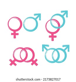 Conjunto de símbolos básicos de género Mujeres, Hombres, Lesbianas, Homosexuales, Heterosexuales. Pincel azul y rosa y textura de pintura. Ilustración del vector