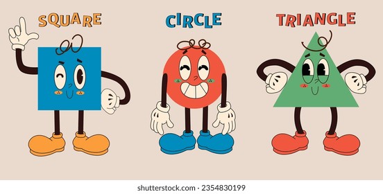 Set of basic Geometric Figures with face emotions, hands and legs. Different shapes. Hand drawn trendy Vector illustration for kids. Cute funny cartoon characters. 