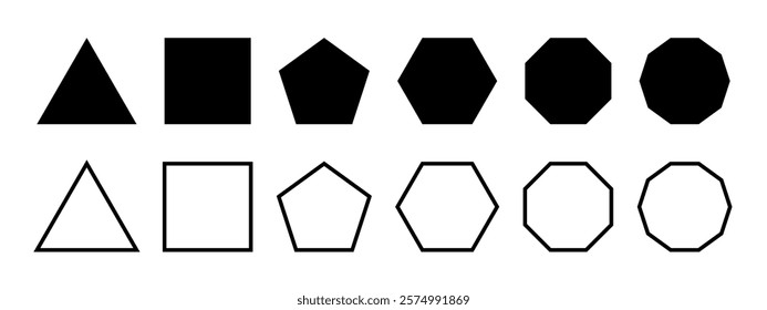 Set of basic geometric figures. Triangle, square, pentagon and hexagon,octagon and decagon shapes isolated on white background. Vector graphic illustration.