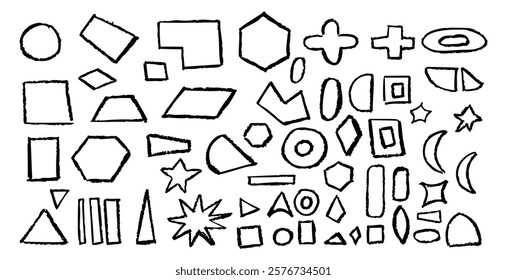 Set of basic geometric shapes. Circle, square, rectangle, triangle and other polygons drawn with charcoal. Collection of outlines geometric symbols for school written by children. Vector illustration.