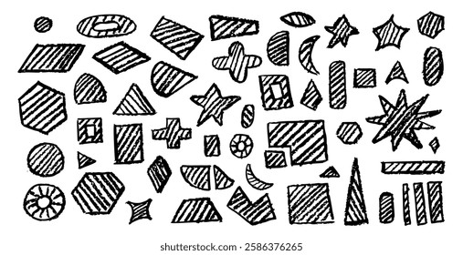 Set of basic geometric shapes. Circle, square, rectangle, triangle and other polygons drawn with charcoal. Collection of shaded geometric symbols for school written by children. Vector illustration