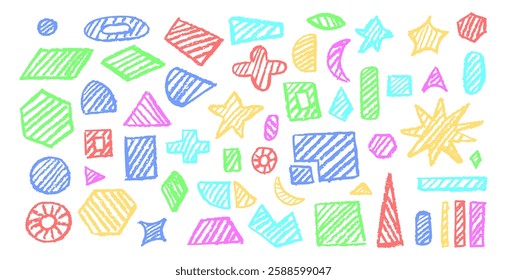 Set of basic geometric shapes. Circle, square, rectangle, triangle and other polygons drawn with charcoal. Collection of shaded geometric symbols for school written by children. Vector illustration