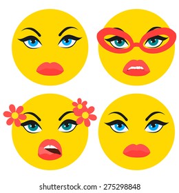 Set of basic girl emoticons in flat design