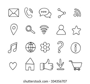 Set of basic hand drawn line icons. Sketch style elements. Universal web icons for media, communication, business, mobile. Vector illustration.