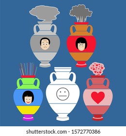 A set of basic human emotions shown through symbolism. 4 amphorae as a symbol of sadness, anger, joy, love and white amphora as a symbol of apathy.